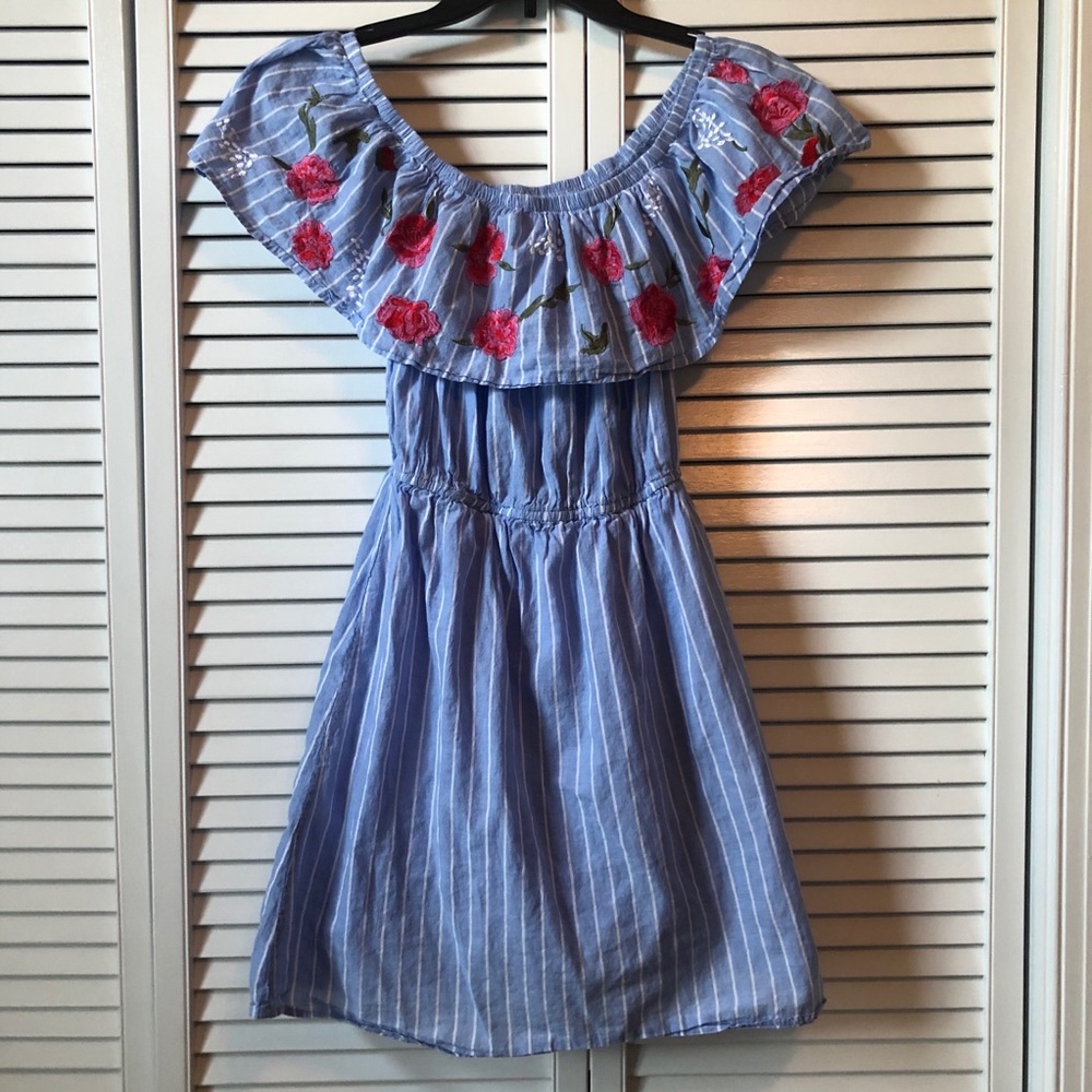 White and blue striped dress with florals
